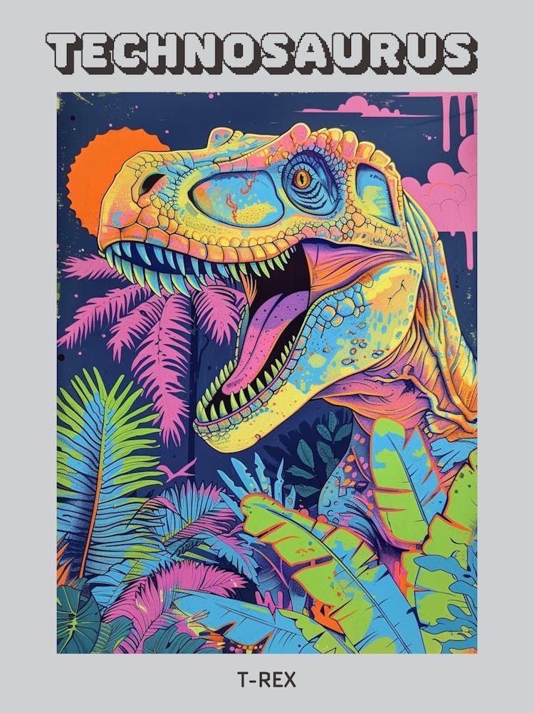Neon T Rex Dinosaur Leaf Illustration Poster
