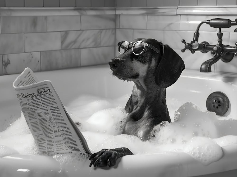 Dachshund In Bathtub Wall Art, Dog Reading Newspaper In Bubble Bath Poster, Black And White Print, Funny Wall Art, Bathroom Wall Decor