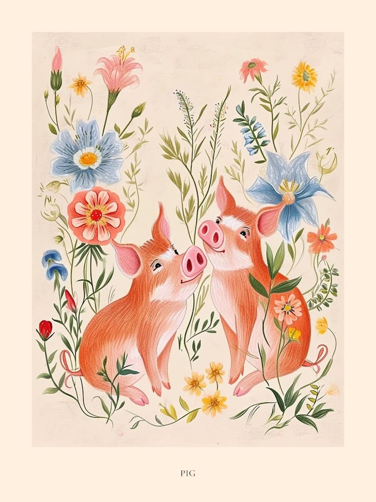 Folksy Floral Animal Drawing Pig 2 Poster