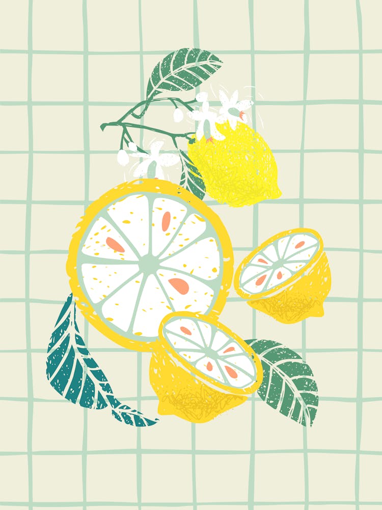 Lemon slice with leaves linocut mint checks