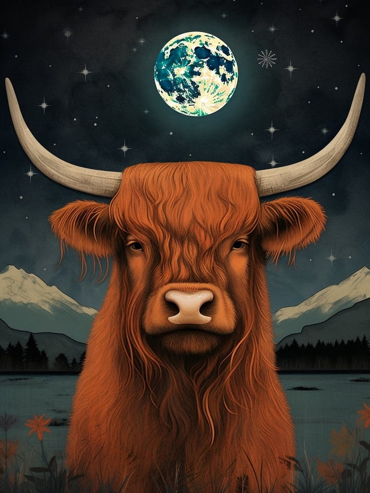 Highland Cow In Moonlight Textured Illustration 4