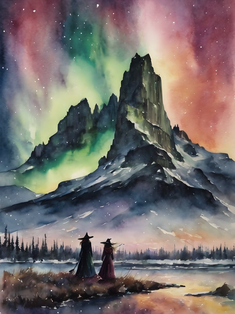 Winter Witches Watch The Northern Lights ~ Yule Witchy Witchcraft Pagan Artwork Watercolor Illustration Witch Fairytale Gothic