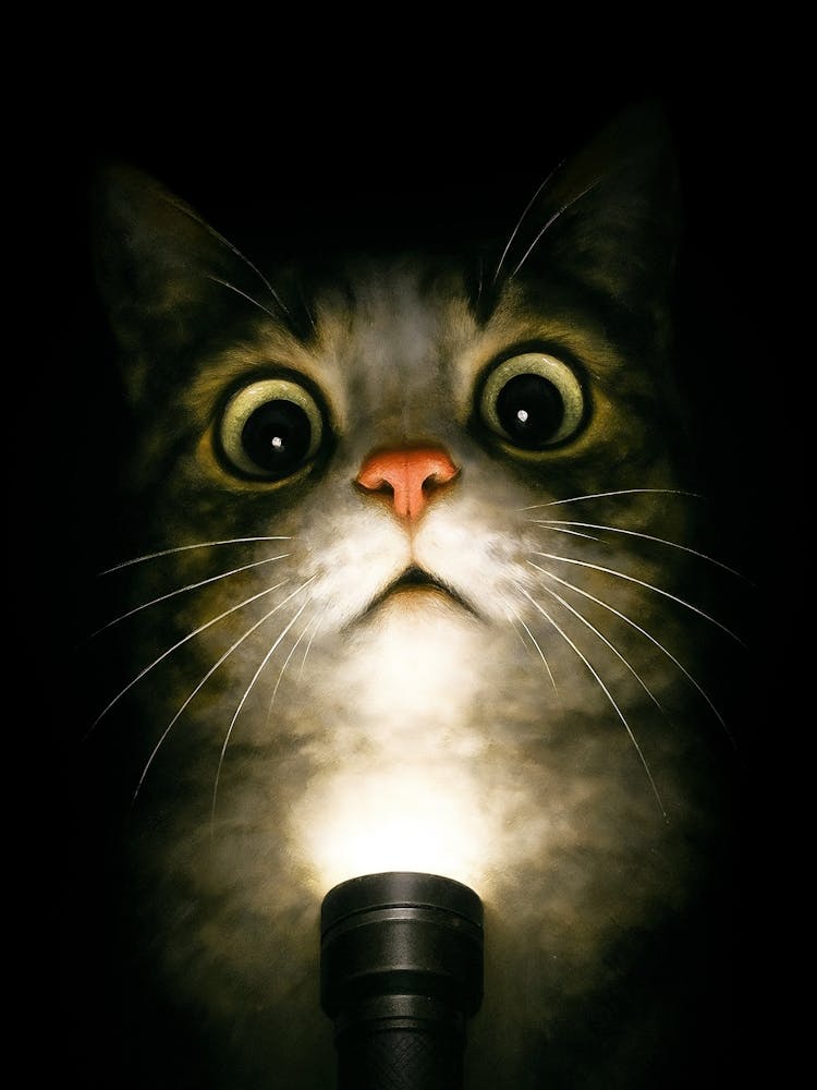 Scared Cat Meme – Flashlight Horror Poster: This scared meme cat is caught in the dark with big eyes and flashlight vibes. A funny horror twist with Halloween energy, black cat style, and surprise cuteness — perfect for animal lovers who enjoy a mix of hu