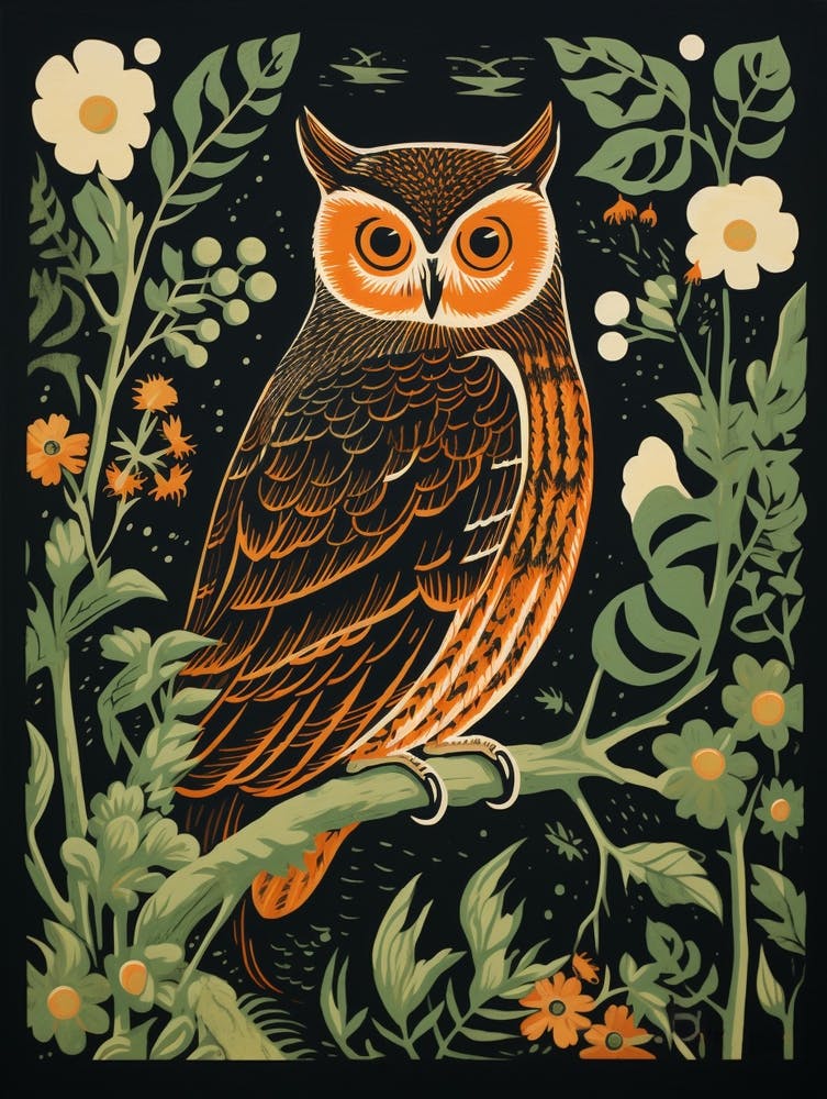 Vintage Bird Linocut Eastern Screech Owl 2