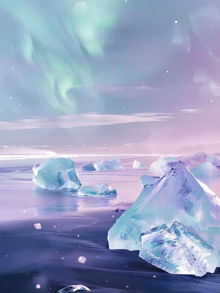 Iceland Print Iceland Illustration Iceland Painting Aurora Borealis Print Northern Lights Print Diamond Beach Print Iceland Gift Download