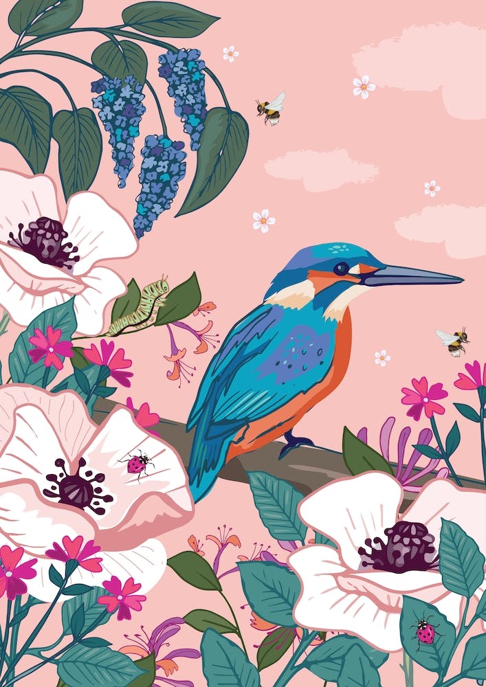 Kingfisher Perched By White Poppies
