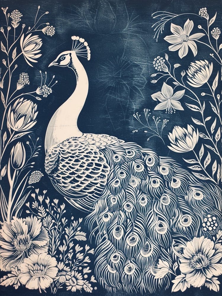 Peacock Folk Floral Linocut Inspired 3