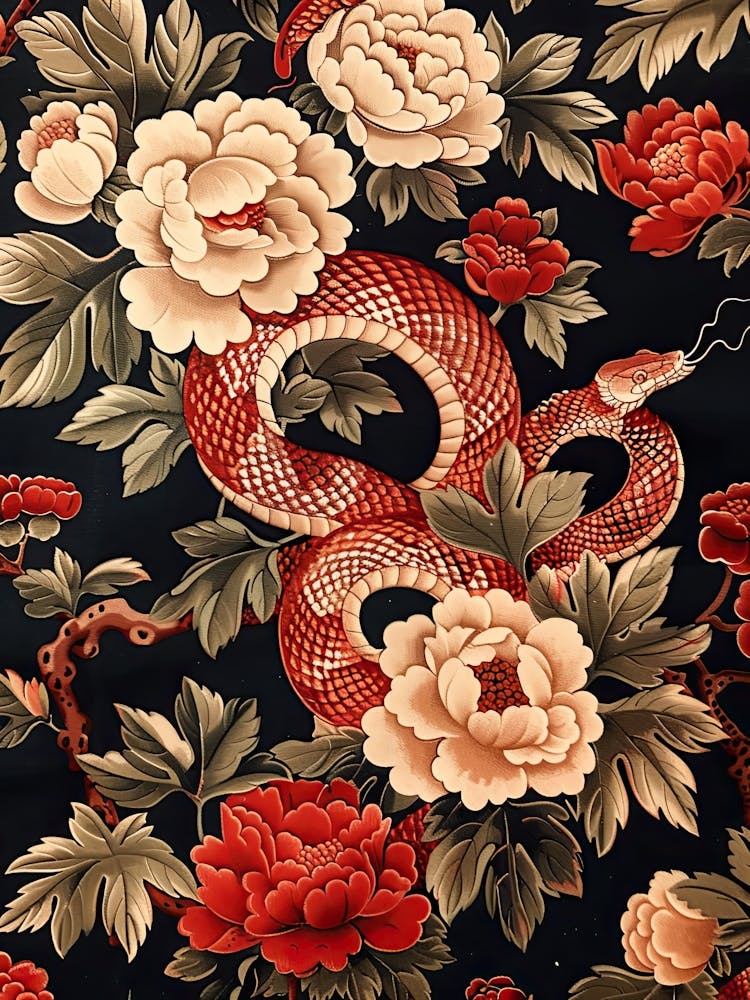 Lunar Year Of The Snake 2025 Wall Poster Framed Snake Art Chinese Zodiac Vintage Flowers 5