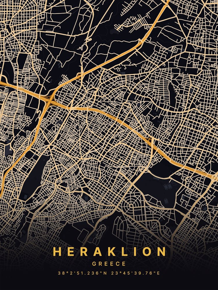 Heraklion Greece Black And Gold Map