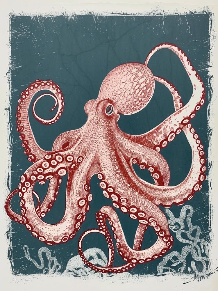 Red & Navy Blue Octopus In The Ocean Linocut Inspired 1