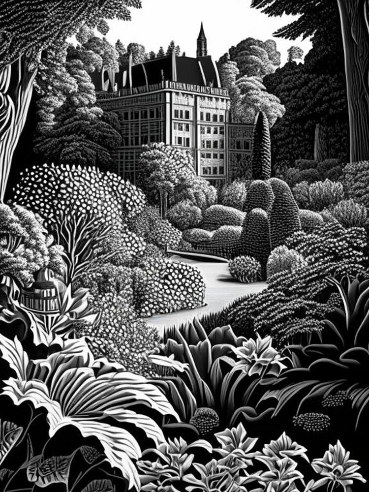 Biltmore Estate Gardens, 1, Usa Linocut Black And White Vintage