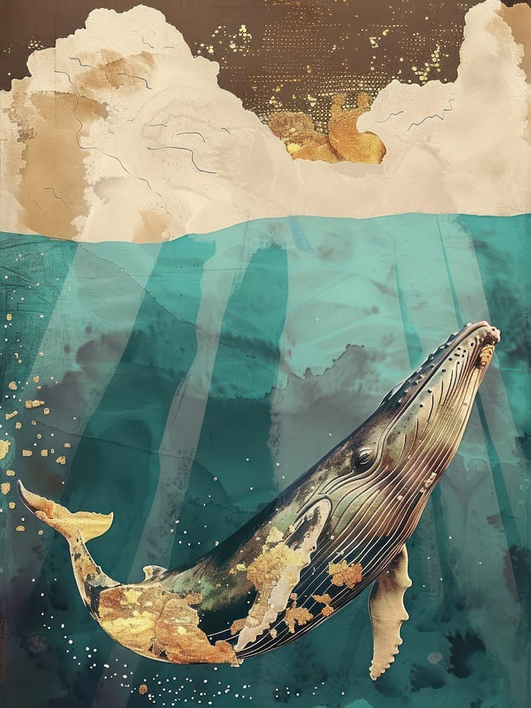 Whale Ocean Painting Gold Blue Effect Collage 2