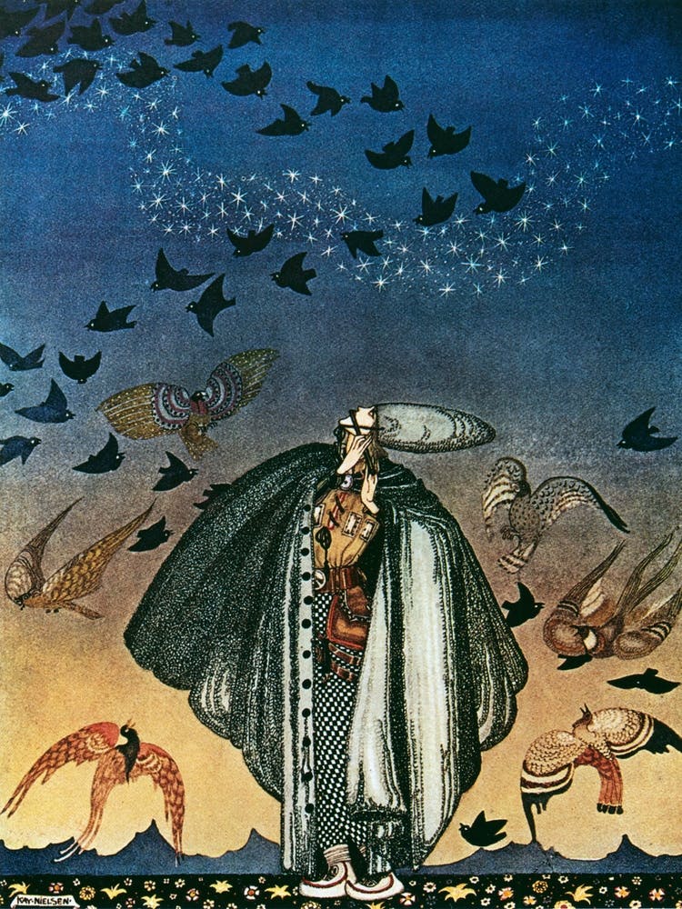 "No Sooner Had He Whistled Than He Heard A Whizzing And A Whirring From All Quarter And Such A Large Flock Of Birds Swept Down That They Blackened All The Field In Which They Settled" by Kay Nielsen - East of the Sun and West of the Moon 1914 - Vintage Victorian Fairytale Art Signed Remastered High Resolution