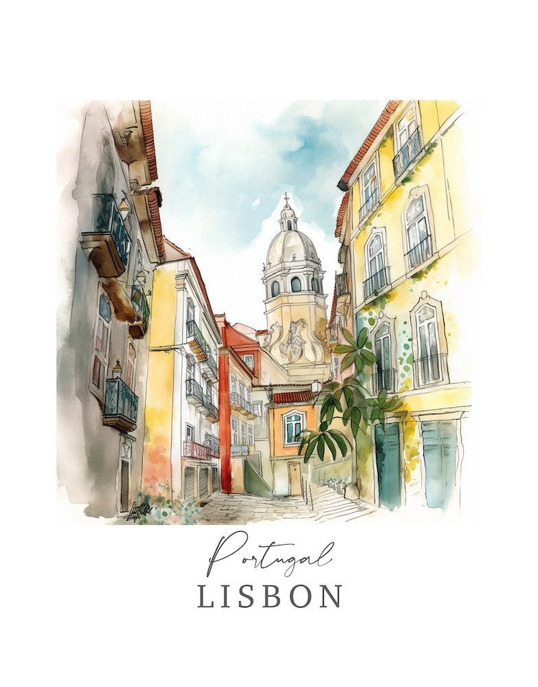 Portugal Lisbon Storybook 3 Travel Poster Watercolour