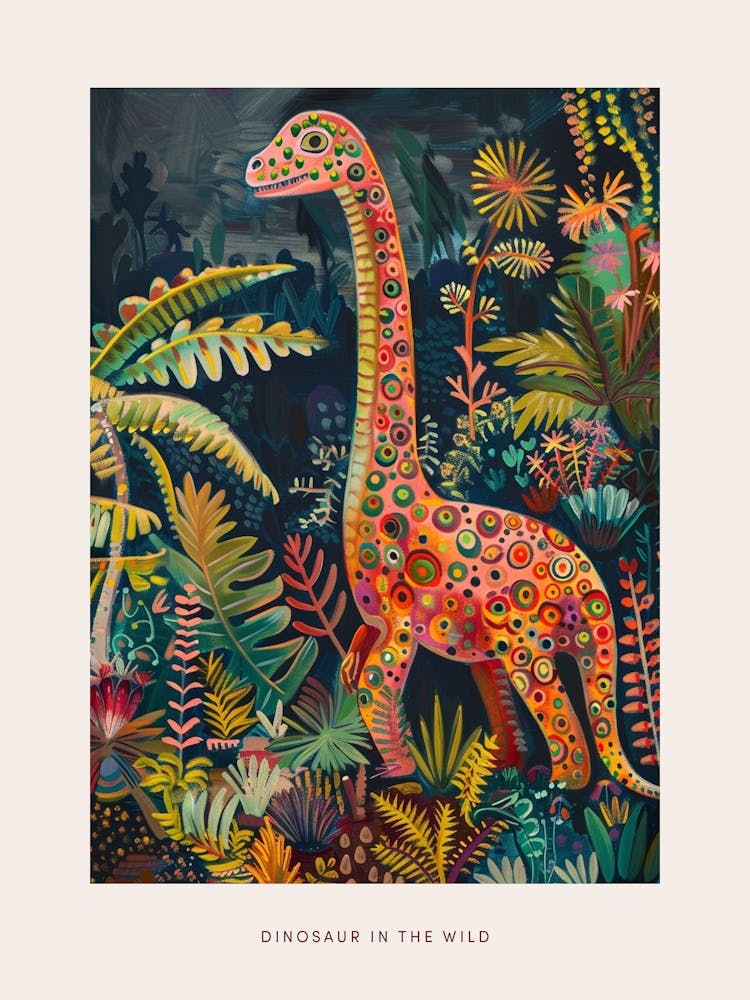 Colourful Dinosaur In The Leaves Painting 2 Poster