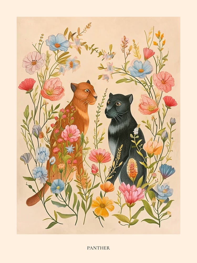 Folksy Floral Animal Drawing Panther 3 Poster