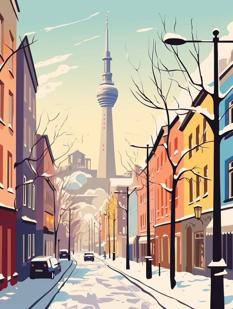Vintage Winter Travel Illustration Berlin Germany