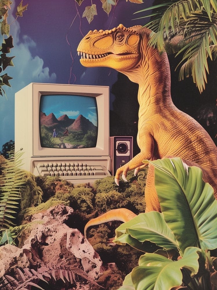 Dinosaur At A Computer Retro Collage 4