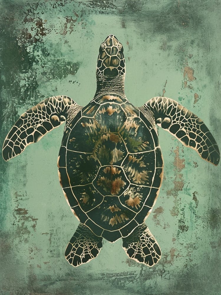 Sea Turtle Aqua Vintage Painting 2