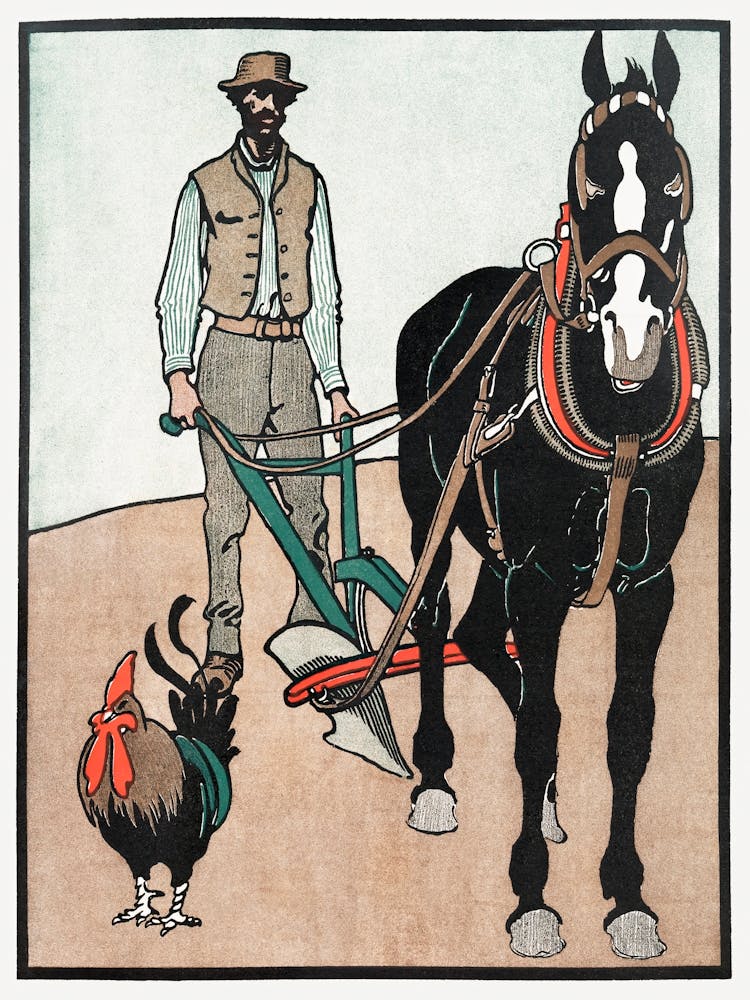 Man With Rooster And Horse, Edward Penfield