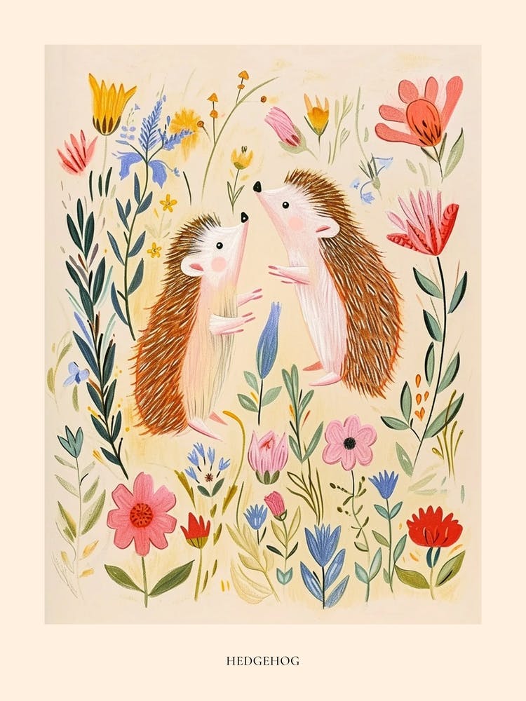 Folksy Floral Animal Drawing Hedgehog 10 Poster