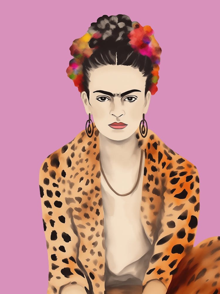 Frida Kahlo Leopard Print, Pastel Pink, Minimalistic Floral kreativ Art