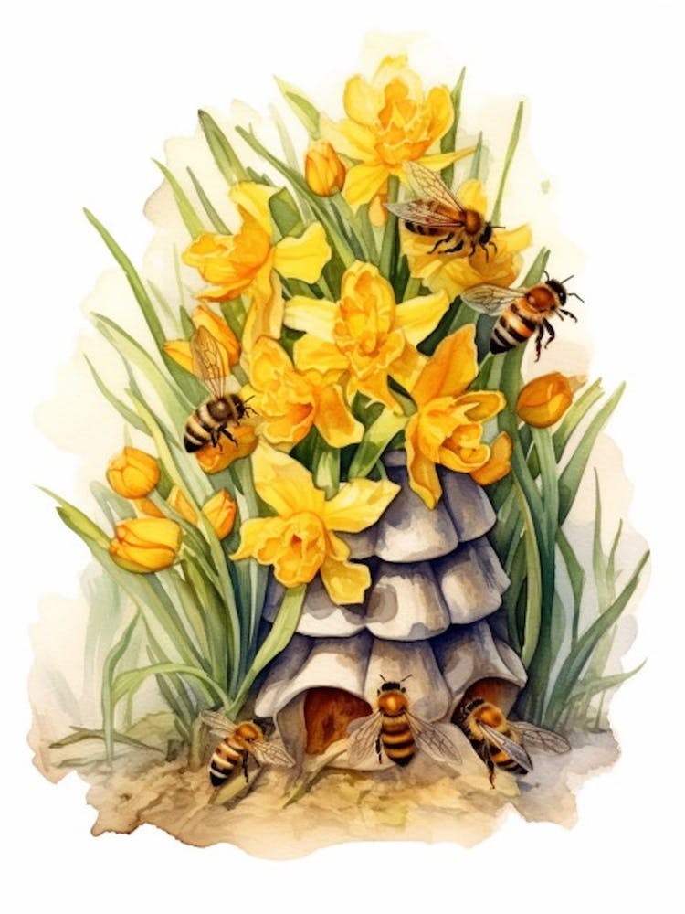 Beehive With Daffodils Watercolour Illustration 4