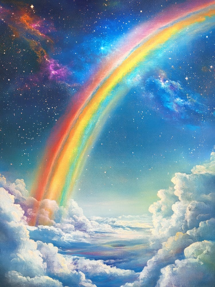 uplifting fantasy painting of Rainbow arc over heavenly clouds in vibrant cyan, orange, and pink in the style of fantasy art - inspirational art ideal for living room, nursery, or wellness space