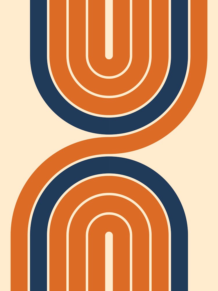 Midcentury Modern Retro Arch Classy Abstract Navy Blue And Burnt Orange 01b