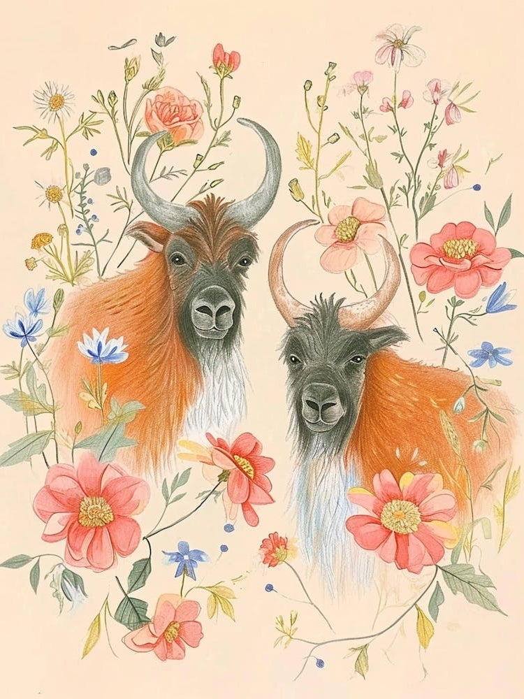 Folksy Floral Animal Drawing Yak 3