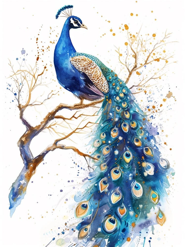 Watercolour Peacock On The Tree Branch 1