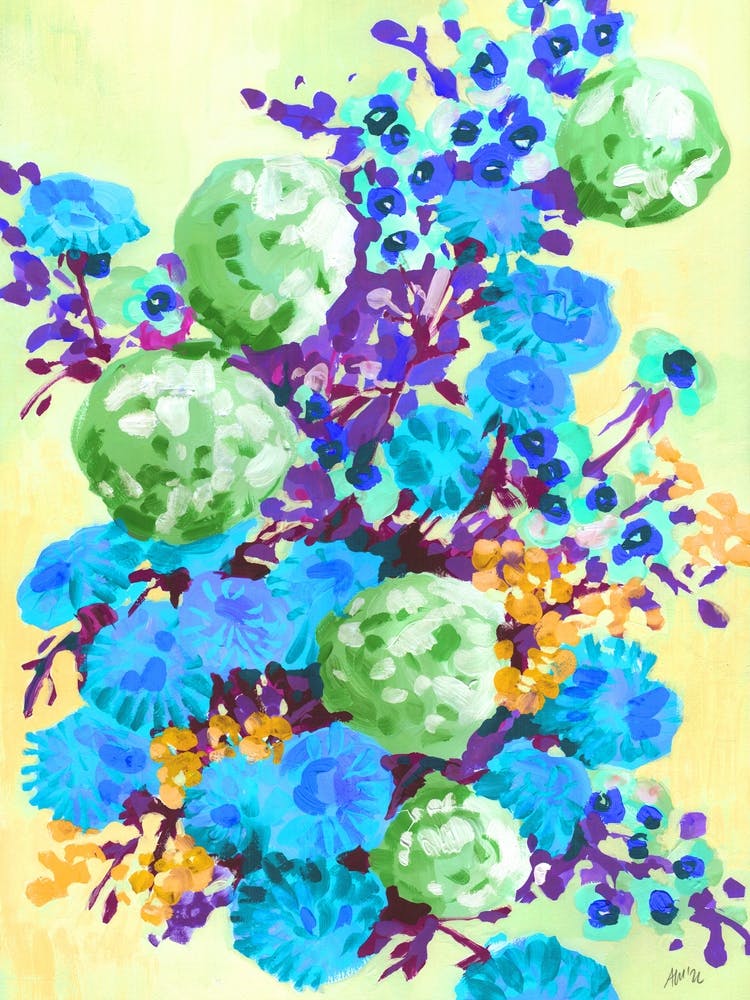 Blue Hydrangeas on yellow