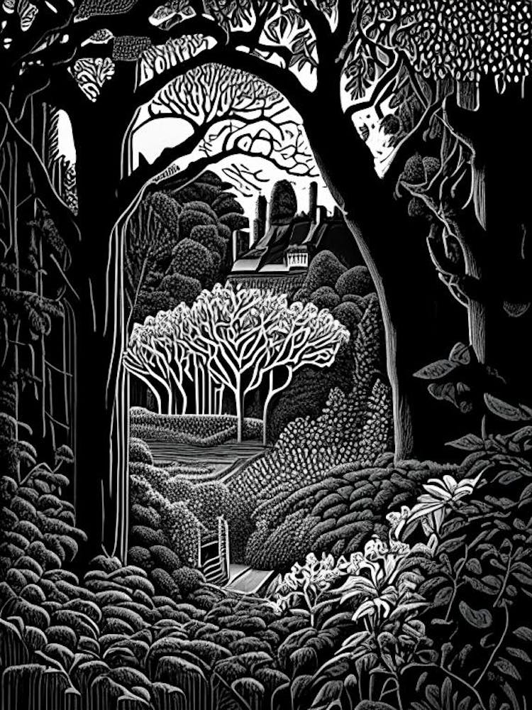 Dumbarton Oaks, 1, Usa Linocut Black And White Vintage