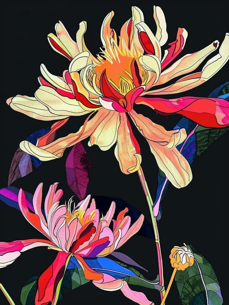 Neon Flowers On Black Chrysanthemum 1