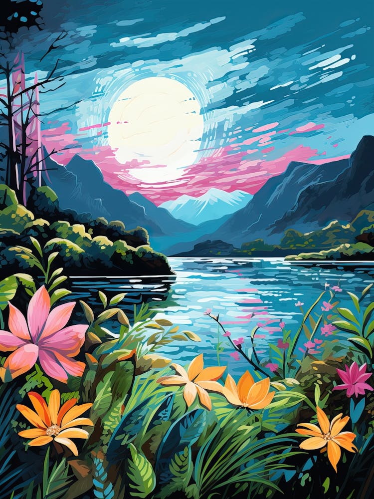 Mountain Lake Night Travel Painting Botanical Housewarming