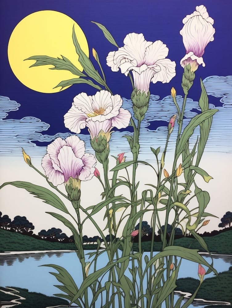 Hanashobu Japanese Water Iris 2 Vintage Botanical Woodblock