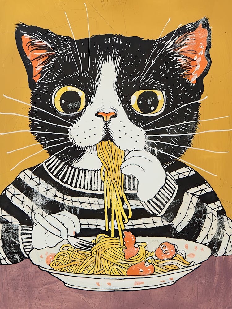 Black And White Cat Eating Pizza Folk Illustration 1