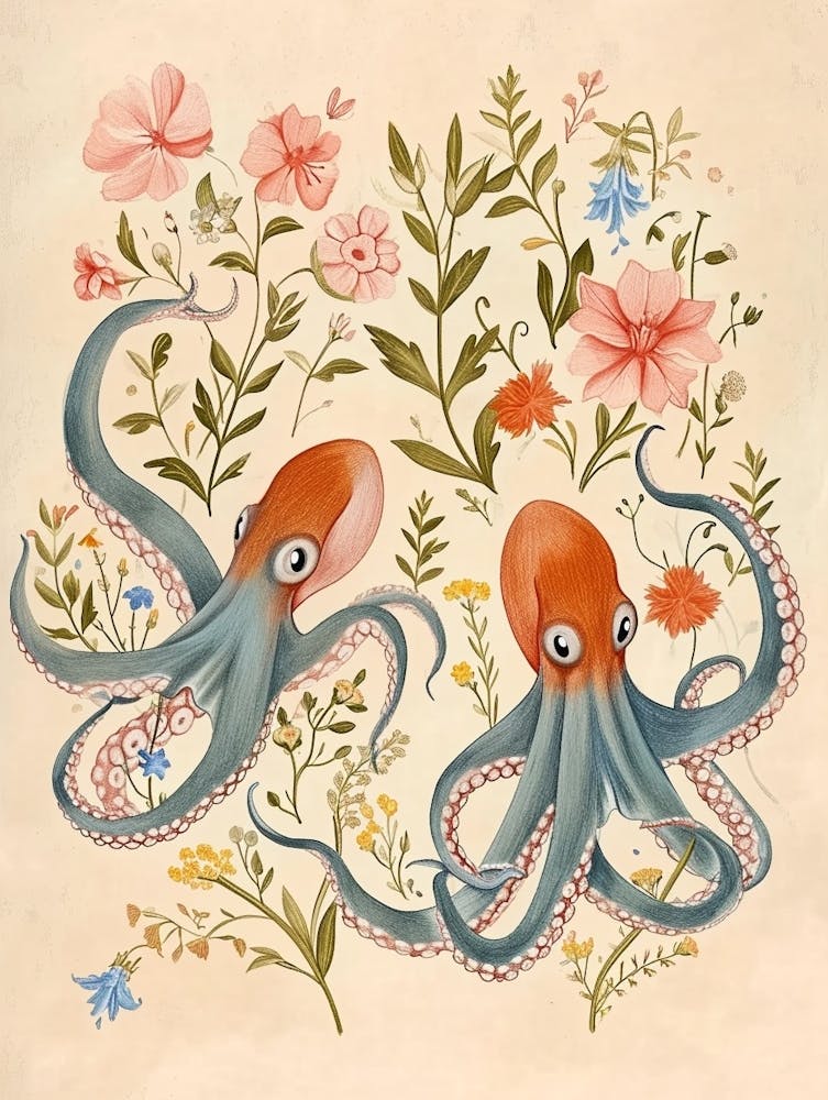 Folksy Floral Animal Drawing Octopus