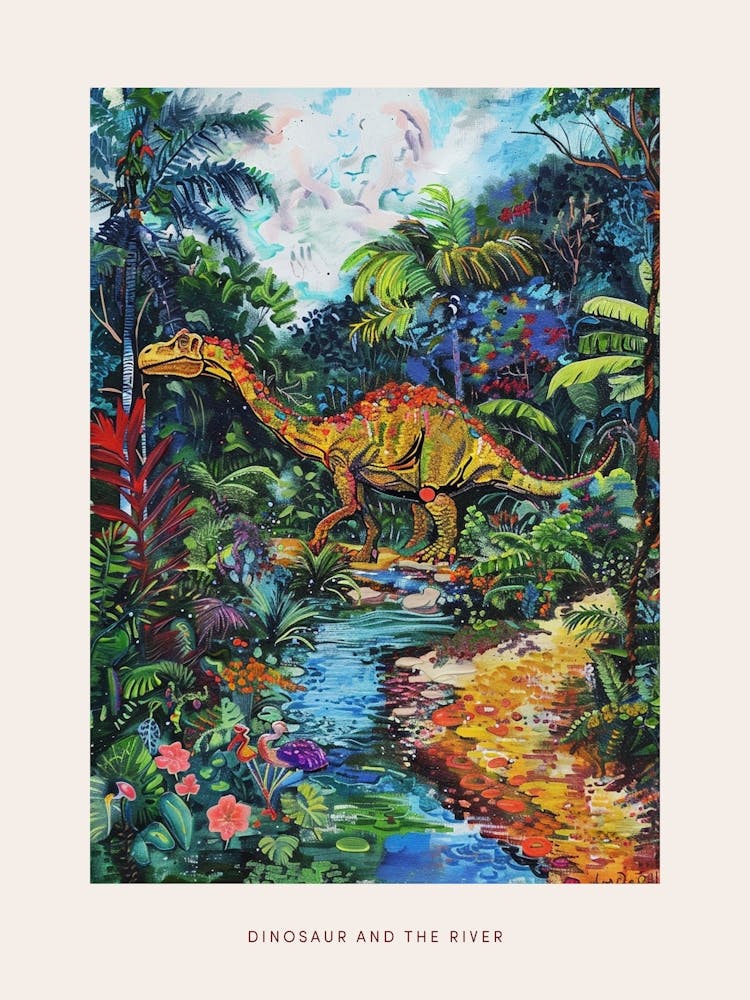 Colourful Dinosaur By The River Painting 2 Poster
