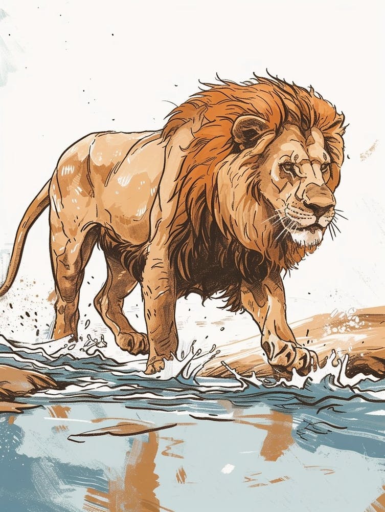 Barbary Lion Crossing A River Acrylic Painting 2