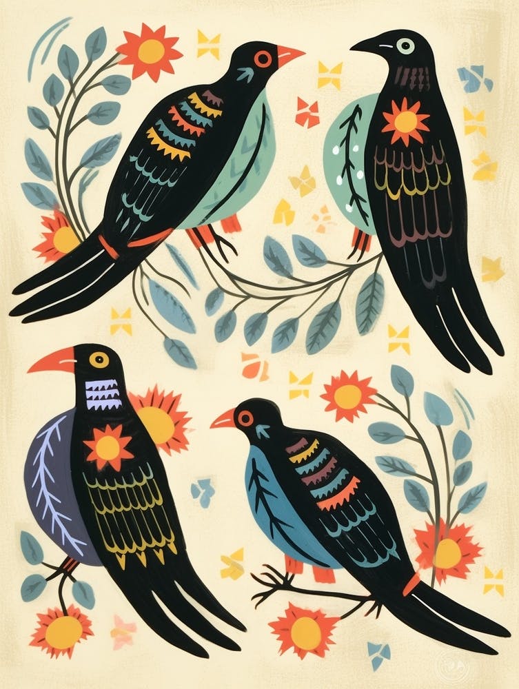 Folk Style Bird Painting Crow 2