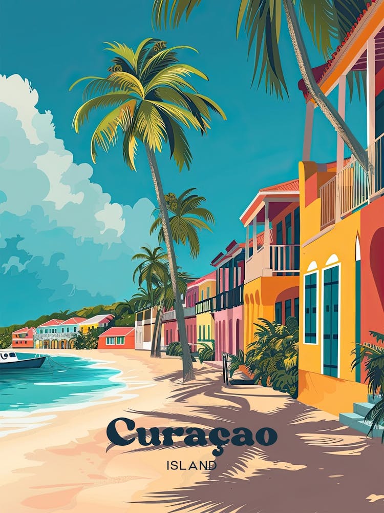 Curacao Island Trinidad And Tobago Digital Travel Illustration