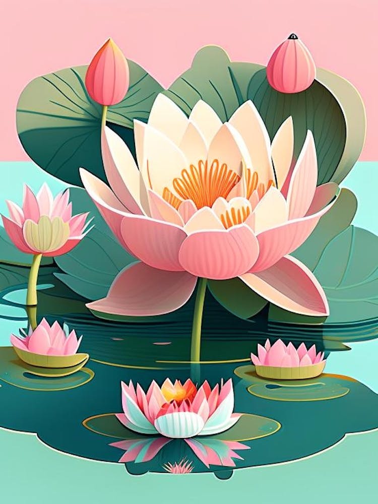 Blooming Lotus Flower In Lake Scandi Cartoon 2