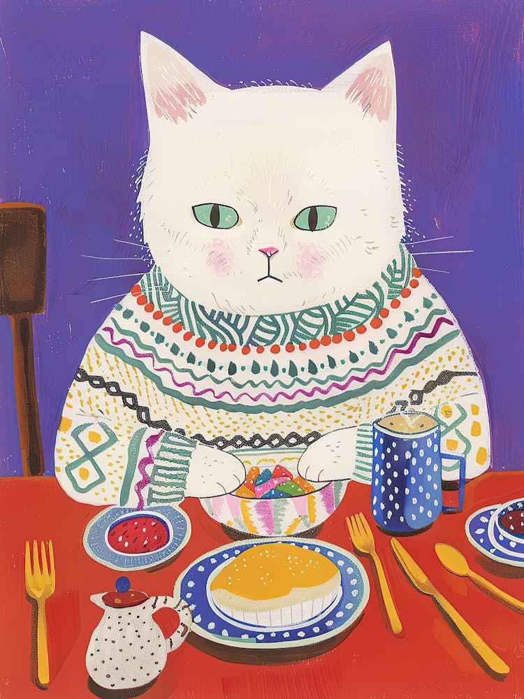 White Cat Having Breakfast Folk Illustration 3