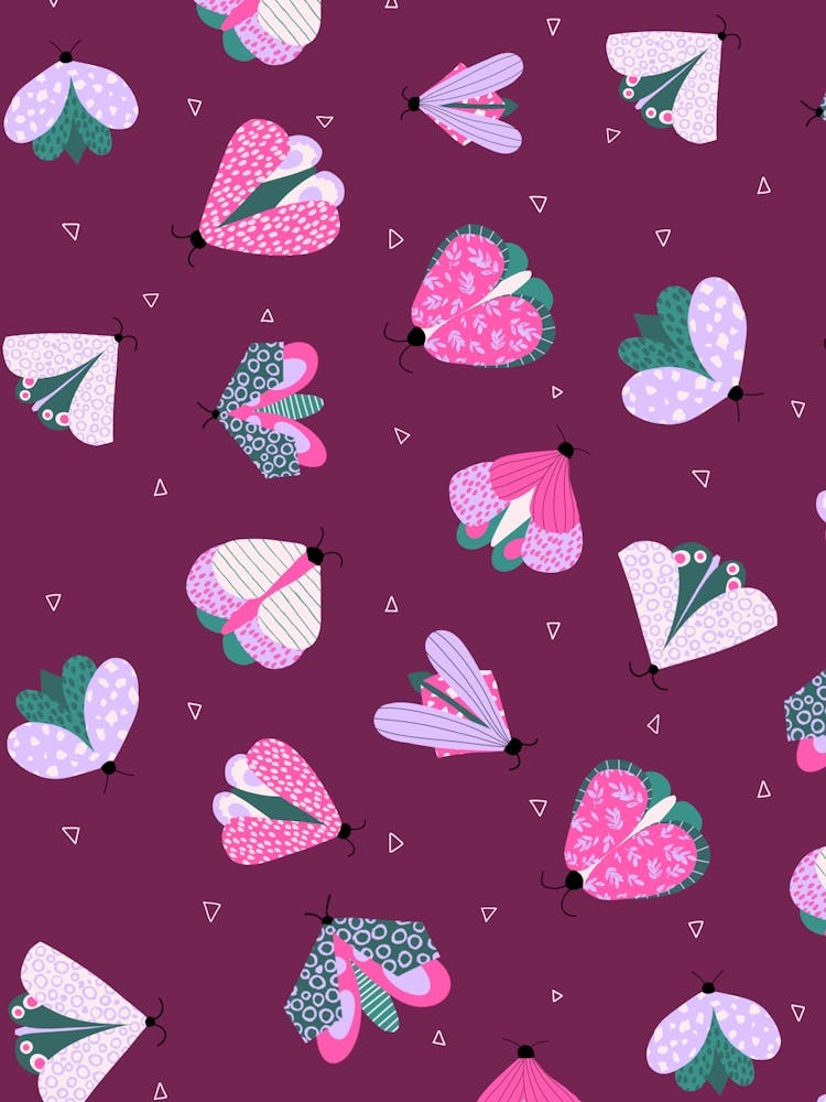 Scattered Colorful Moths and Little Triangles Multicolor on Dark Magenta