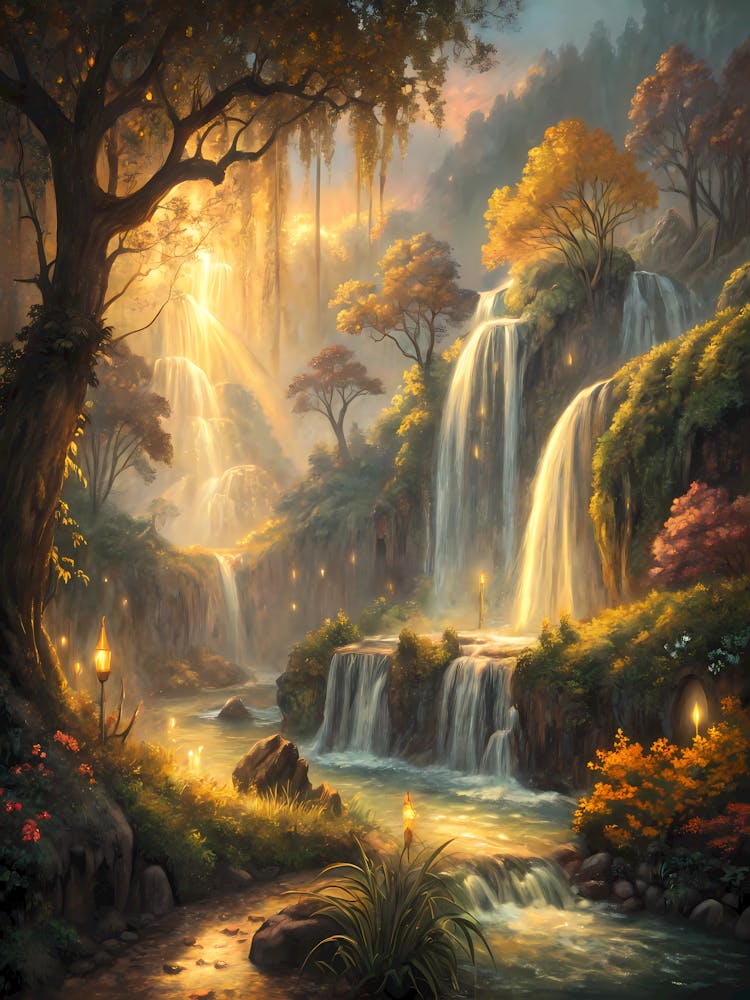 Oil Painting Style Enchanted Waterfall Oasis Glowing Forest Landscape