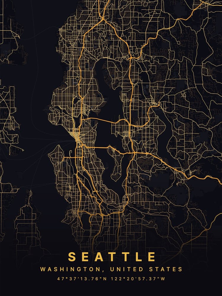 Seattle Washington USA Black And Gold Map