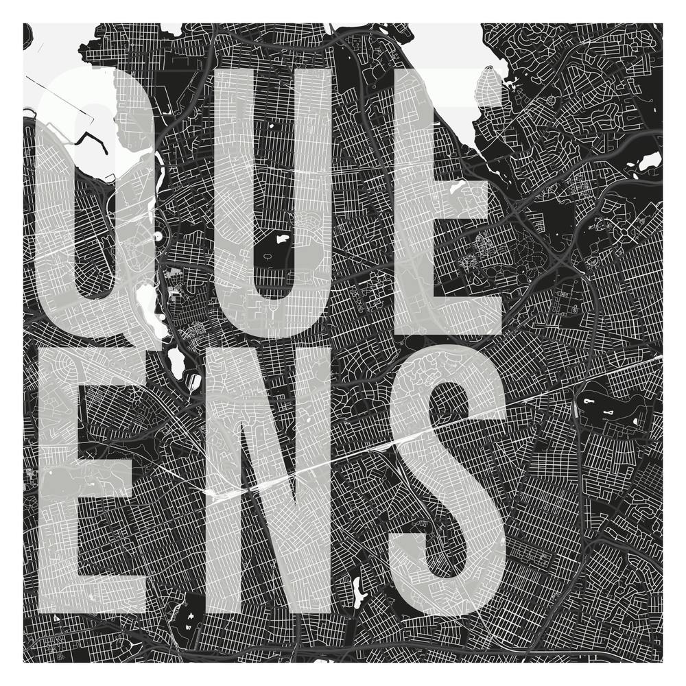 Queens Mono Street Map Text Overlay Square