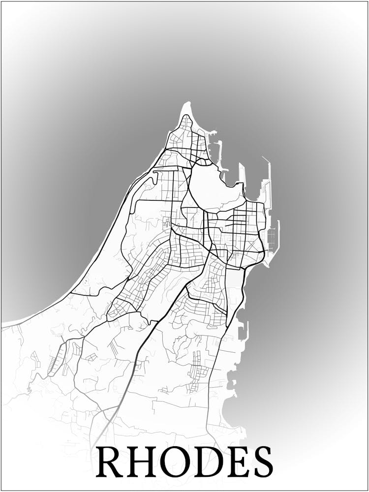 Rhodes, South Aegean, Greece, City Map, Black And White Fade Design