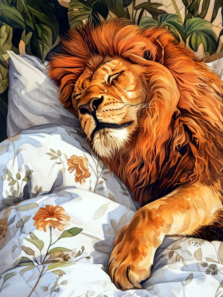 Löwe im Bett Tierillustration Kunst
